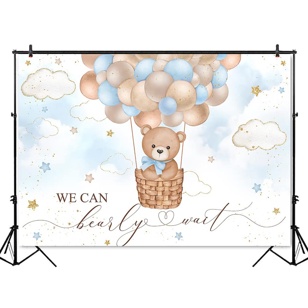 Mocsicka Blue Bear Hot Air Balloon Backdrop Boy Bear Balloons Baby Shower Background We Can Bearly Wait Baby Shower Party Cake Table Decoration Photo Booth Props (8x6ft)