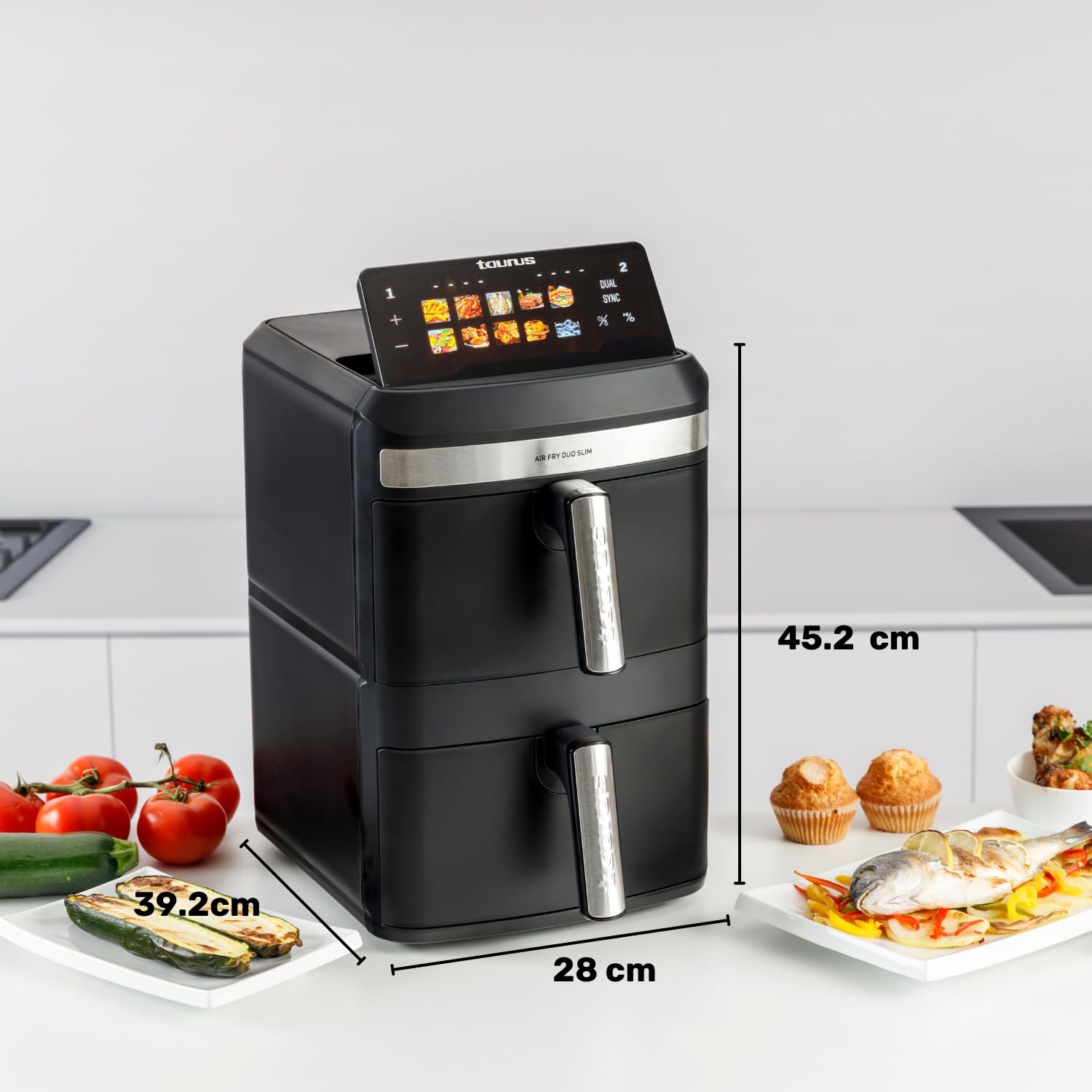 Taurus Friteuse sans huile Duo Slim | 13 L | 14 personnes | 2 paniers | Cuit 2 assiettes en même temps | 10 programmes | Minuterie 90 min | Compact | Écran tactile numérique