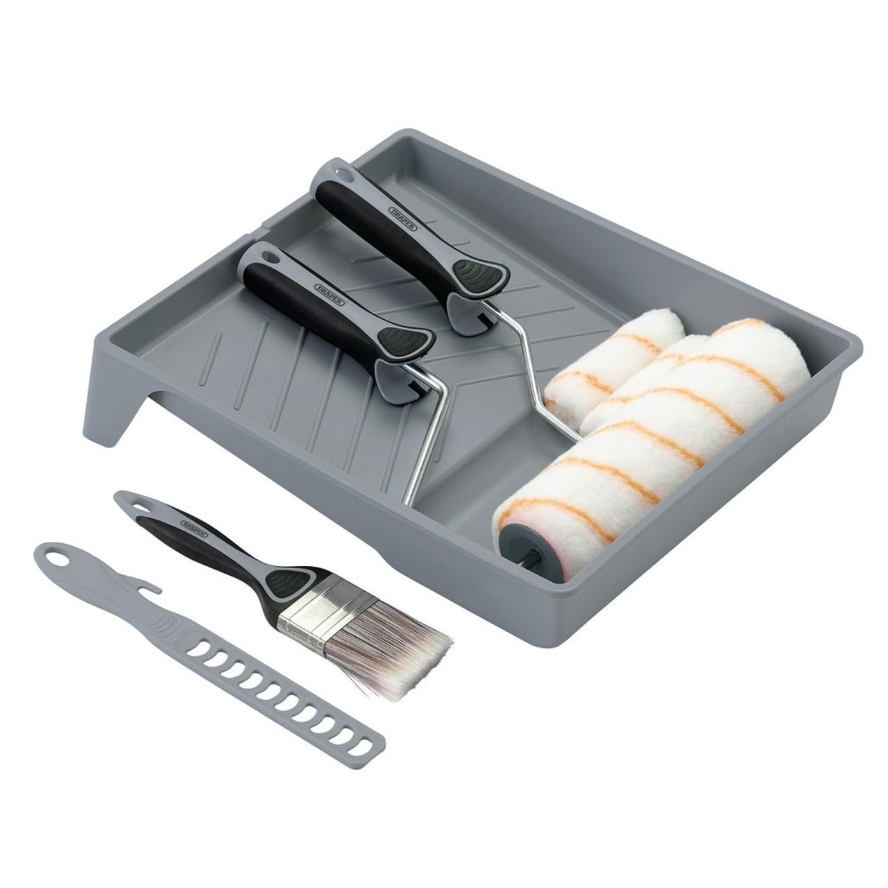 Draper 20787 Farbroller- und Pinsel-Set mit mittelflorigem Polyester, mit weichem Griff, 8-teilig, enthält 10,2 cm und 22,9 cm Hülsen, Rahmen, 22,9 cm Tablett, 50 mm Pinsel und Farbrührer