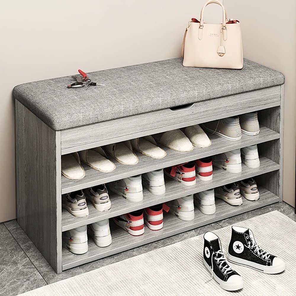 Multi-functional Shoe Bench with Entryway Storage - Three-layer Flip Cover Design, All-in-One Shoe Cabinet Bench (Grey, 80X30X5cm)