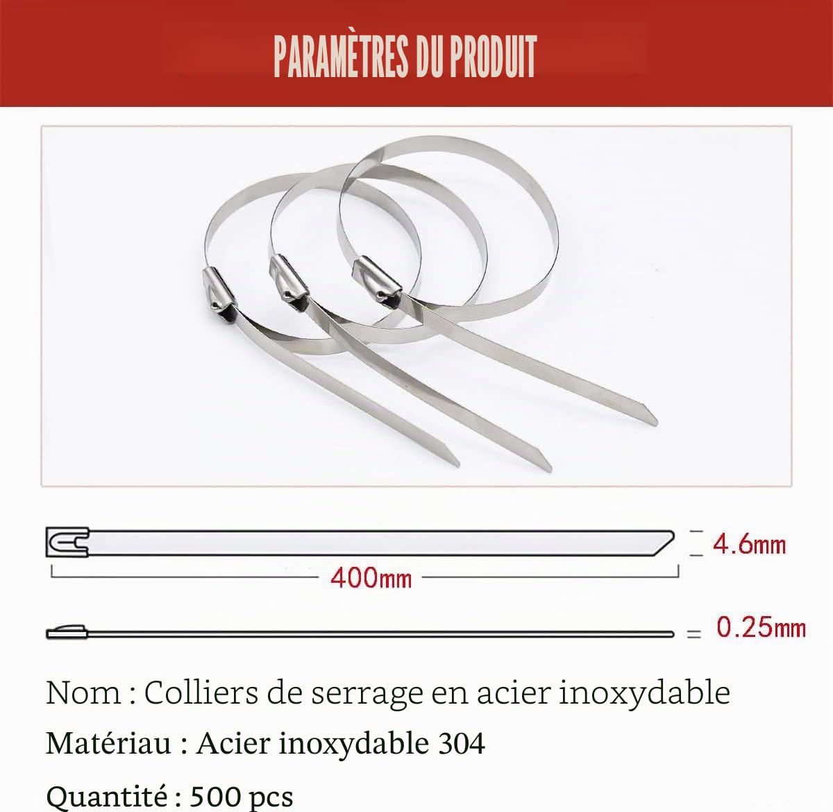 500 Pièces Collier de Serrage Inox,304 Attache Câblées Acier Inoxydable,122 kg Autobloquante Attaches de Câble Robustes,Convient Pour Usage Industriel Garages,Pour Extérieur,Clôture,4.6 * 400mm