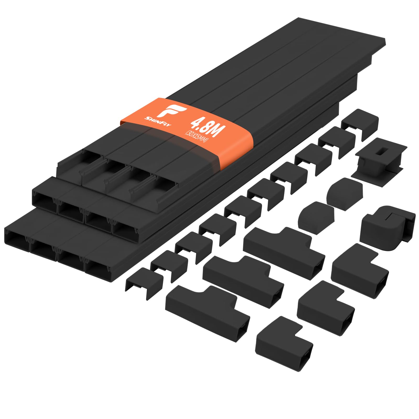shinfly 4.8m Black Cable Trunking, Black Trunking for Electric Cables, Cable Cover, Trunking for Hiding Cables, Self Adhesive Trunking for Wall, TV - 30mm x 15mm