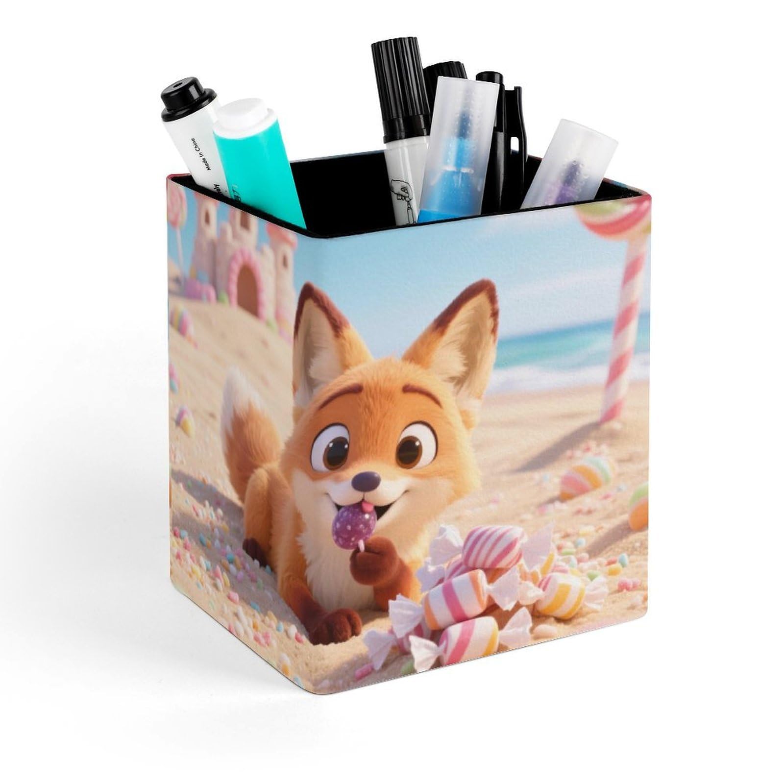 DWVTSLH Aesthetic Pen Holder for Desk - Modern Leather Pencil Holder - Stylish Square Makeup Brush Holder - Cute Candy Fox Pen Cup Cute And Functional Desk Organizer for Office Supplies