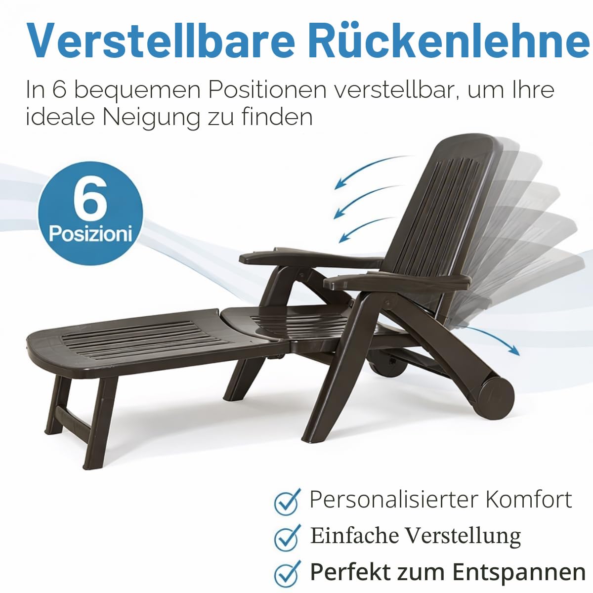 Tomaino - Sonnenliege aus Kunststoff für den Garten - Rückenlehne neigbar, klappbar mit Rädern - Camping, Strand, Pool, für den Außenbereich (grün)