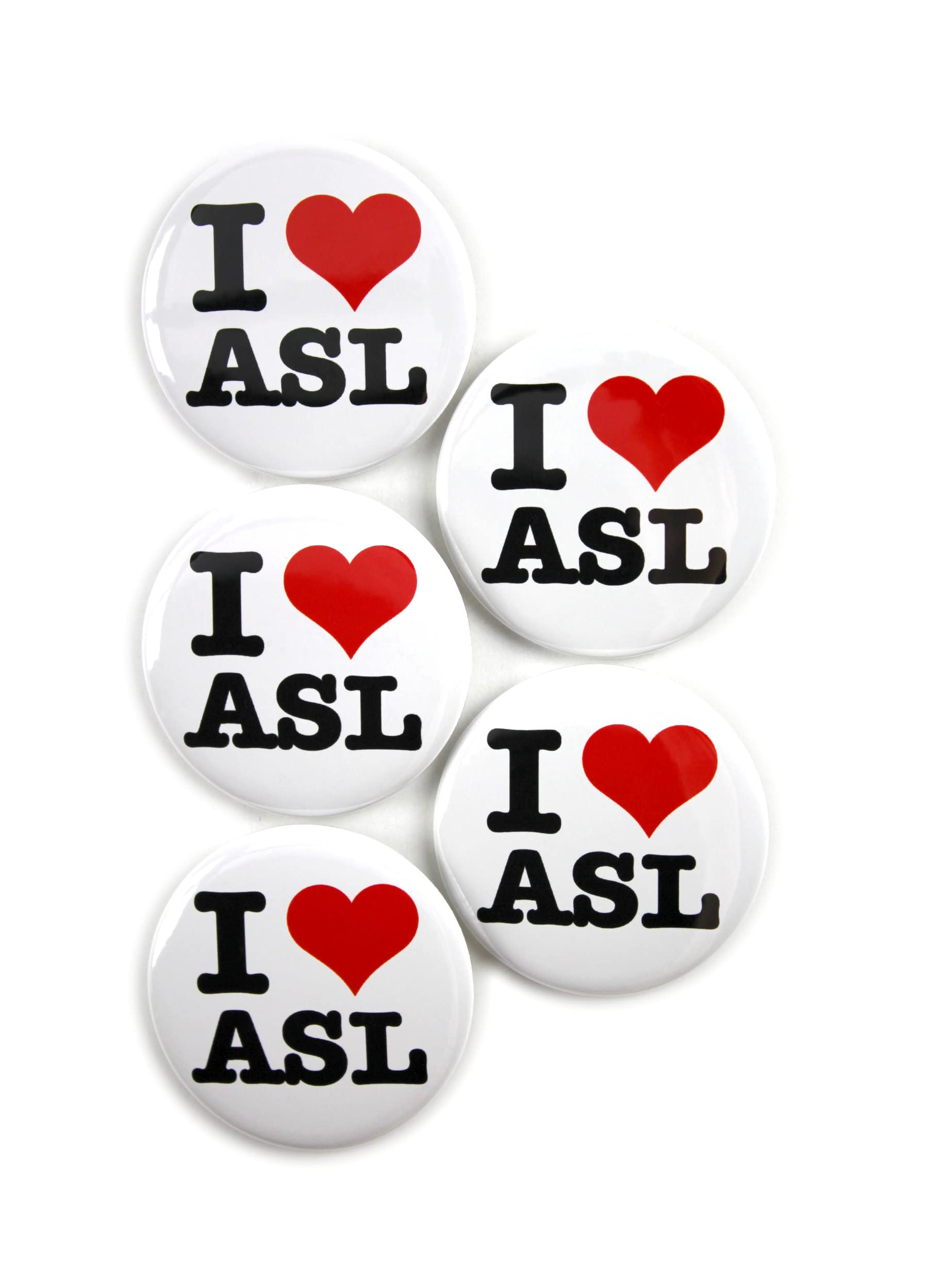 5 Pack - I Love 'Heart' ASL - Deaf Pride American Sign Language Pinback Button Badges - 2.25 Inch Round