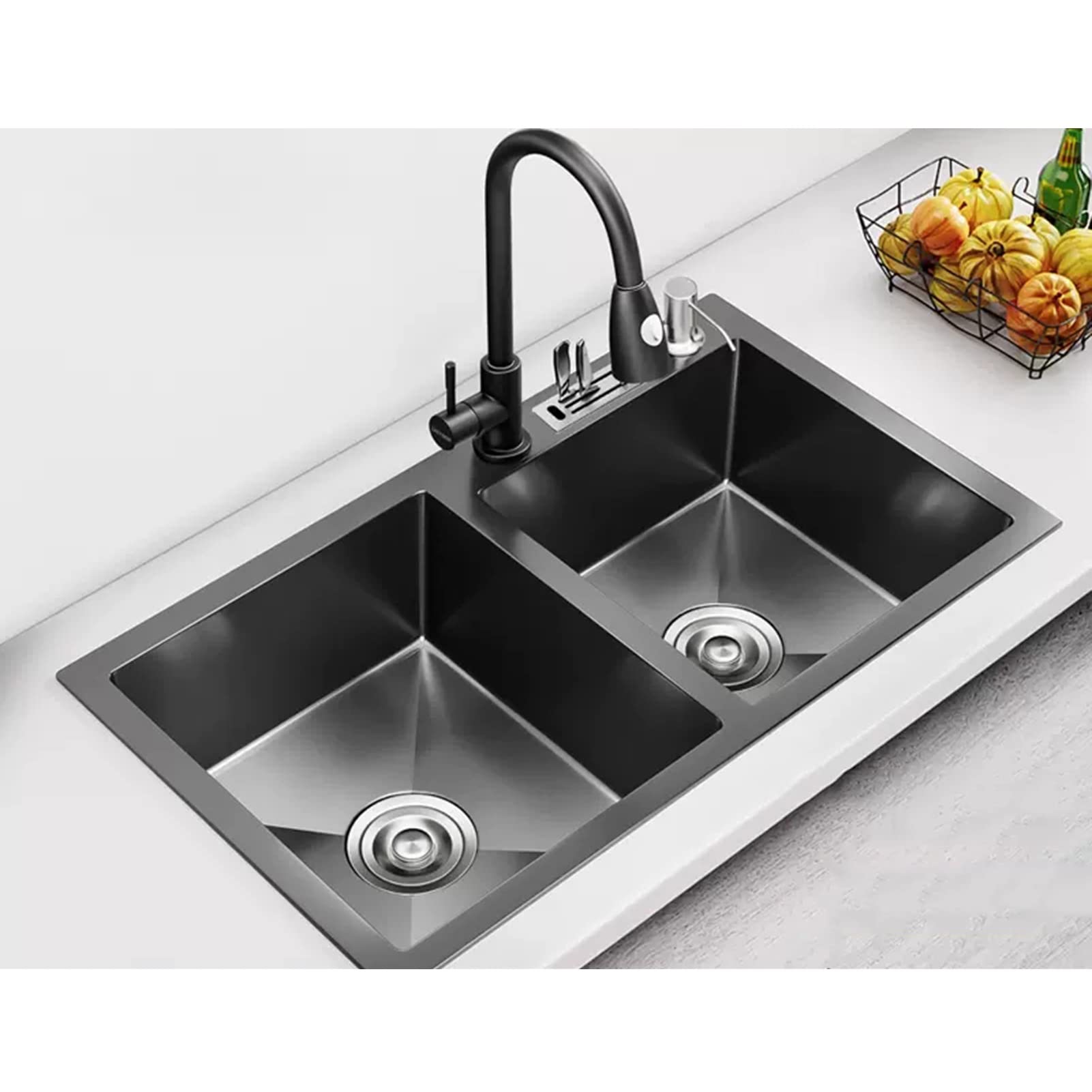 ZQFHSX Kitchen Sinks, Bar Prep Sink With Pull Type Faucet, 304 Stainless Steel Deep Double-bowl Basin, Easy To Clean