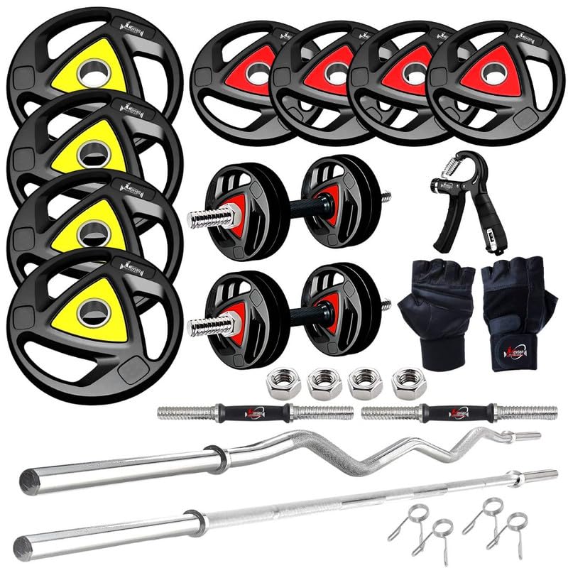 Image of Home Gym Set 40KG, Rubber Weight Plates, Dumbbell Rods & Barbell Rods, Curl & Straight Barbell Rods, Hand Grips, Jump Rope, Gym Gloves - Full Body Workout Fitness Kit for Men & Women