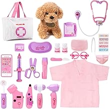 Kit Meland Toy Doctor para niñas, juego de simulación de médico con juguete para perros, bolsa de transporte, estetoscopio y disfraz, regalo de Doctor Play para niños pequeños de 3, 4, 5 y 6 años para juegos de rol