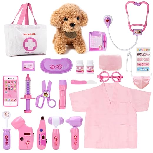 Meland Toy Doctor Kit for Girls - Pretend Play Doctor Set with Dog Toy, Carrying Bag, Stethoscope Toy & Dress Up Costume - Doctor Play Gift for Kids Toddlers Ages 3 4 5 6 Year Old for Role Play