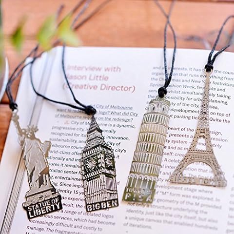 Aisi Vintage Retro kreative Metall 4 Stück Set Lesezeichen Bookmark Paris Eiffelturm, London, New York Pizza dünn Silber Cover