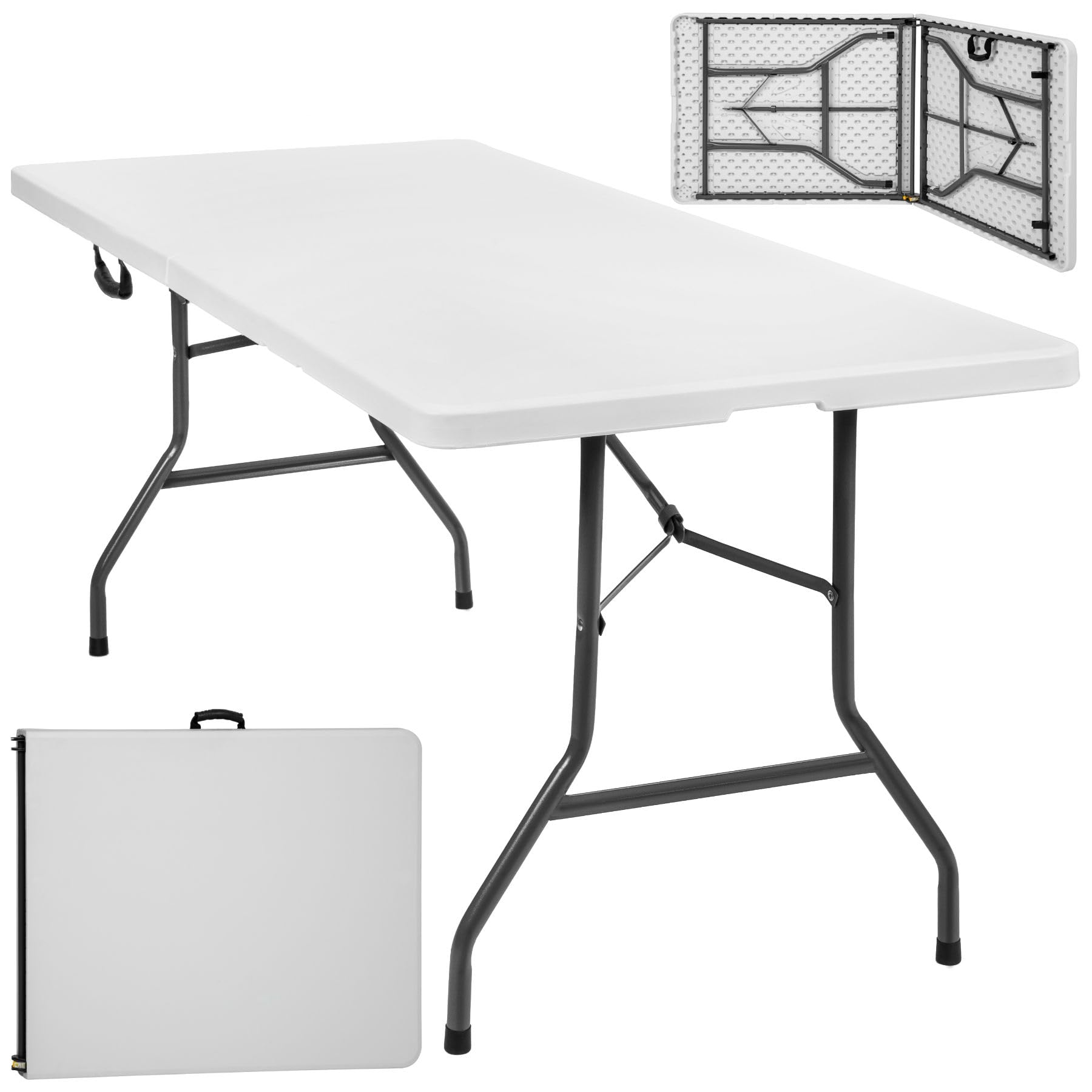 tectake® Tavolo da Campeggio Pieghevole con Maniglia, Tavolo Salvaspazio, Tavolo da Giardino con Base in Acciaio, Tavolino Portatile, Resistente alle Intemperie, 183 x 76 x 74 cm - Bianco