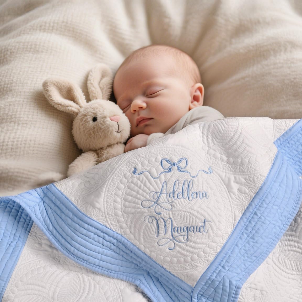 Personalized Baby Quilt Blanket, Custom Monogrammed Baby Blanket with Embroidered Name Heirloom Quilt Super Soft and Cozy Cotton Baby Quilt with Scalloped Edges Baby Shower Gift