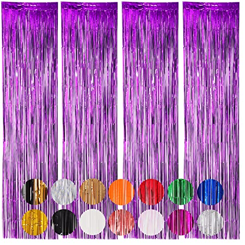 Image of Voircoloria 4 Pack Purple Foil Fringe Backdrop Curtains, Tinsel Streamers Birthday Party Decorations, Fringe Backdrop for Graduation, Baby Shower, Gender Reveal, Disco Party Photo Booth Background