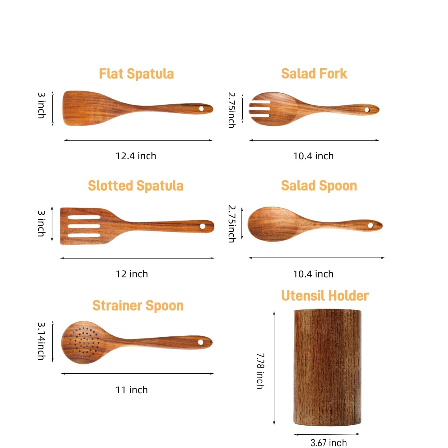 Kochutensilien-Set aus Holz, 6-teilig, mit Löffelhalter, Naturholz-Finish