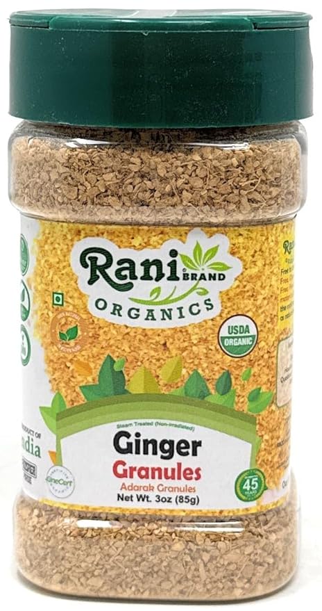 Rani Organic Granulated Ginger (Adarak Granules) 3oz (85g) PET Jar ~ All Natural | Gluten Friendly | Vegan | NON-GMO | Kosher | No Salt or fillers | Indian Origin | USDA Certified Organic