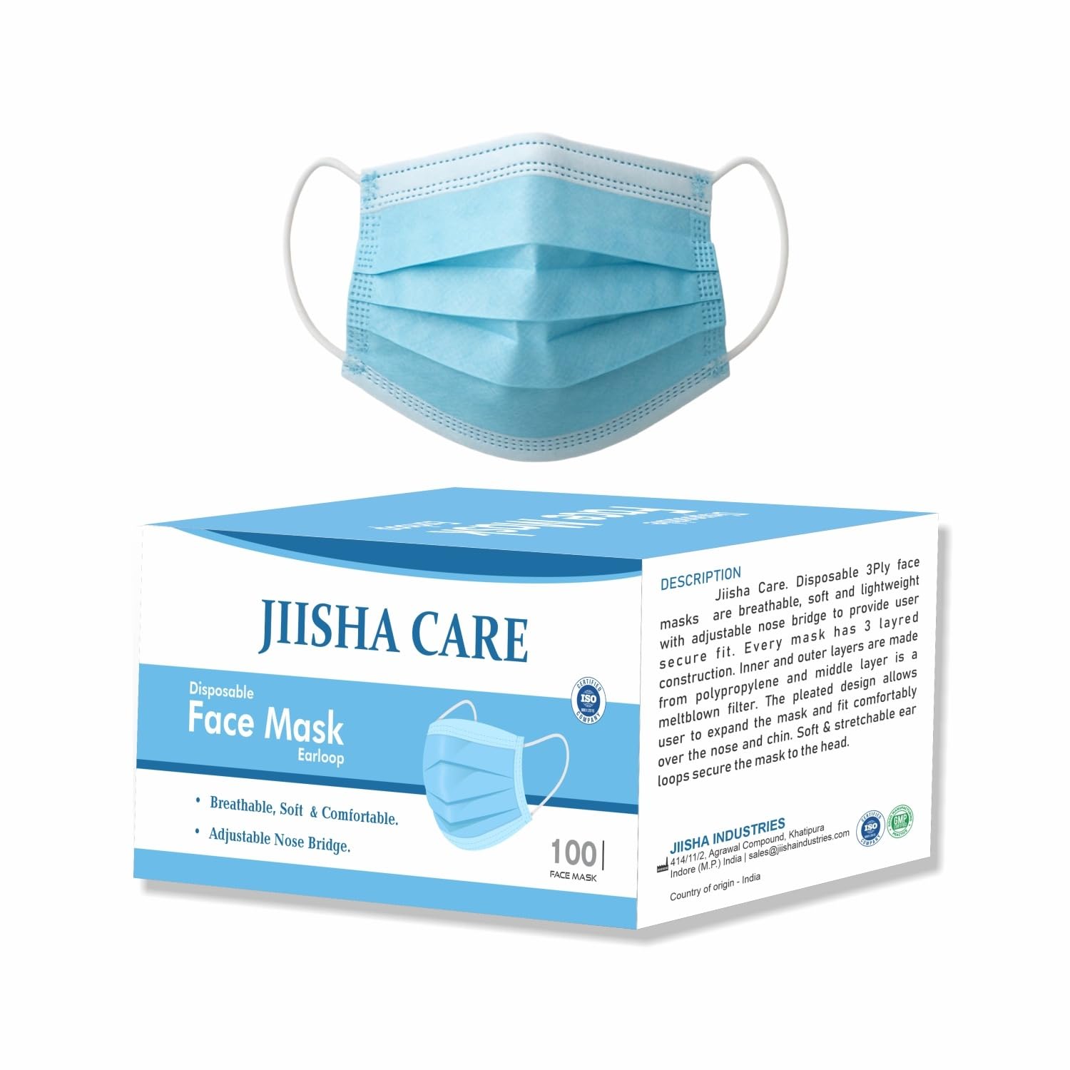JIISHA CARE Disposable Face Masks, Medical Grade 3 Ply Protection for Adults - Comfortable, Soft, Breathable, 3 layer