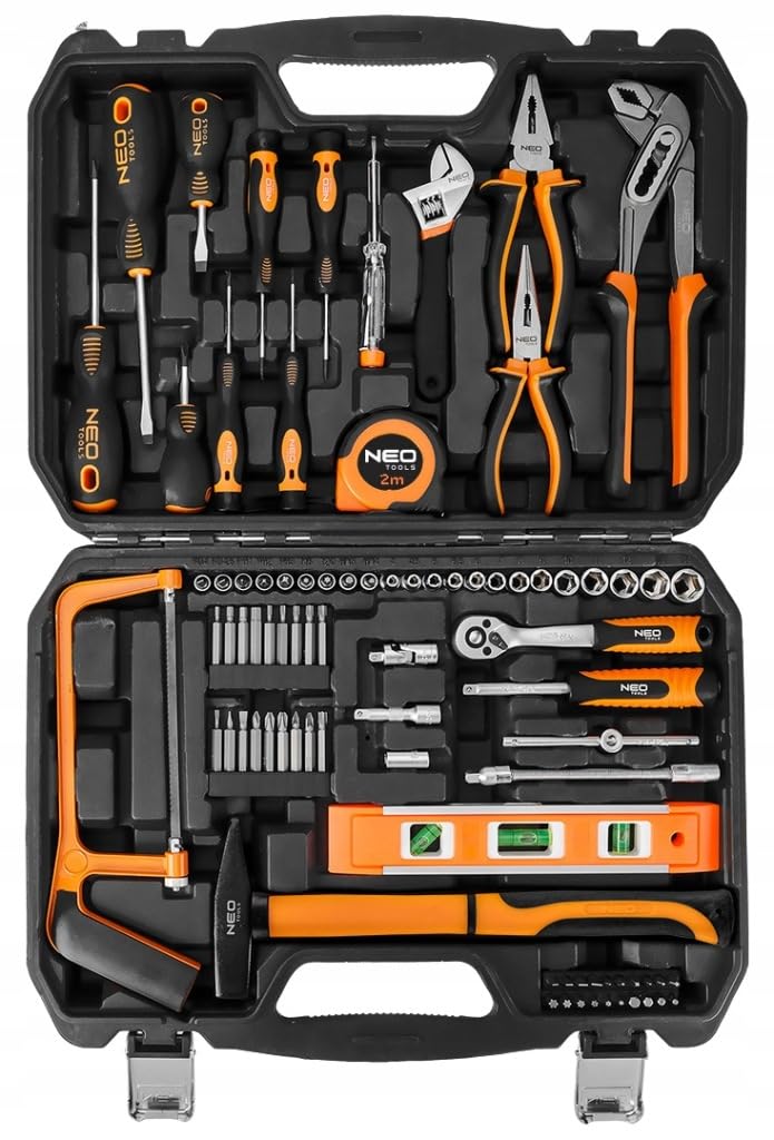 NEO TOOLS Zestaw Narzędzi dla Majsterkowicza, 88 Elementów w Wytrzymałej Walizce | Klucze Nasadowe 1/4", Imbus, Uchwyt | Kompletny Zestaw do Warsztatu, Garażu