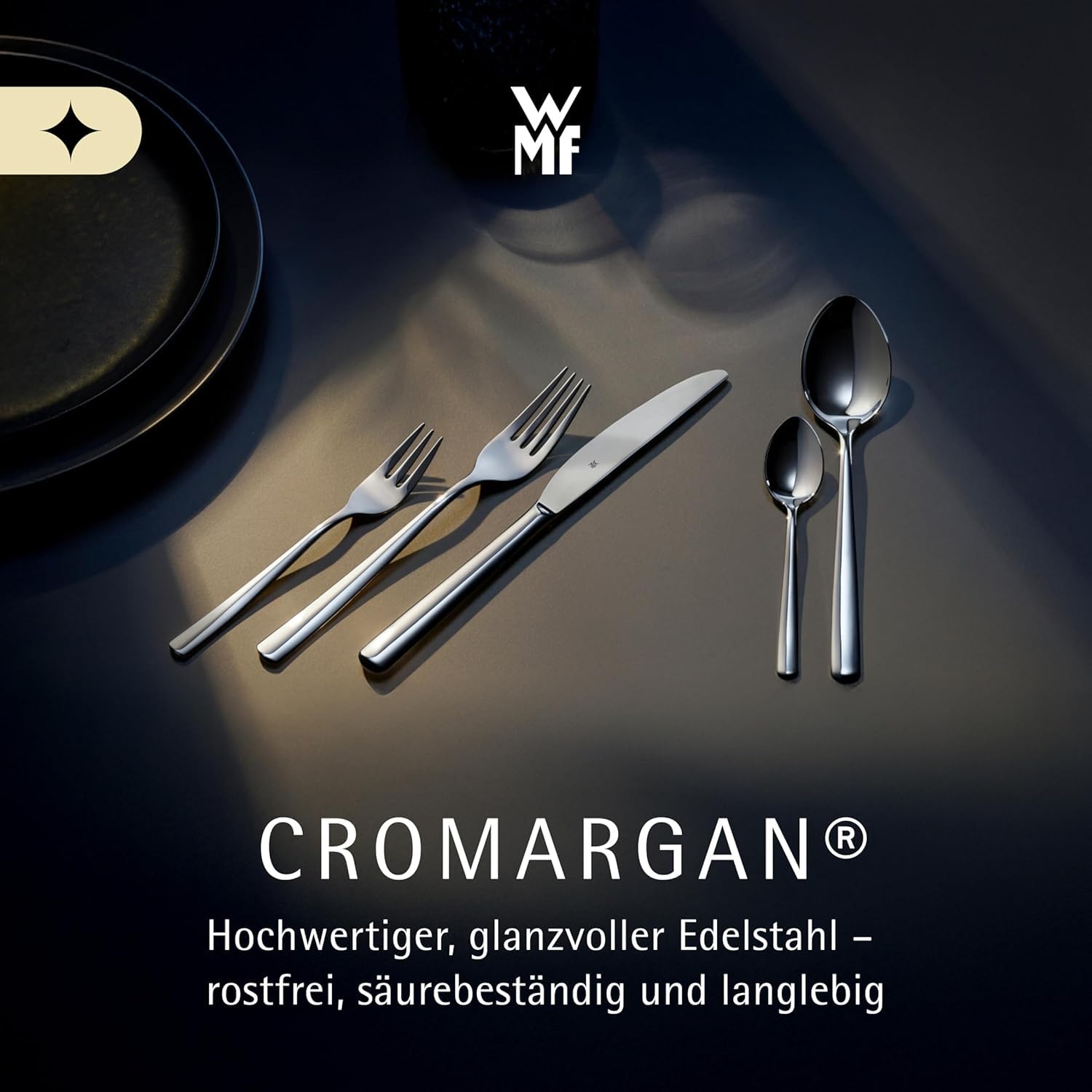 WMF Habitum Besteck Set 12 Personen, Essbesteck 60 teilig, Monobloc-Messer, Cromargan Edelstahl poliert, glänzend, spülmaschinenfest
