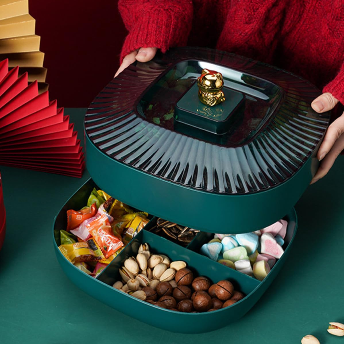 VOSAREA Plateau Alimentaire Utile Double Couche en Plastique Vert avec Couvercle, Rangement Snacks pour Table à Domicile, Décoratif et Fonctionnel pour Noël
