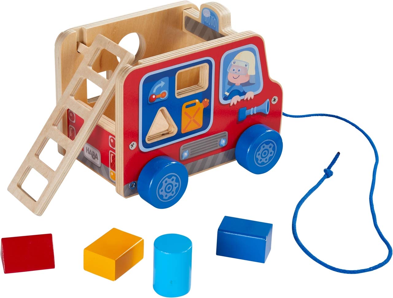 HABA 304317 - Ziehfigur Feuerwehrauto, Nachziehspielzeug für Kinder ab 12 Monaten, animiert zum Laufenlernen, mit Bausteinen zum Stecken