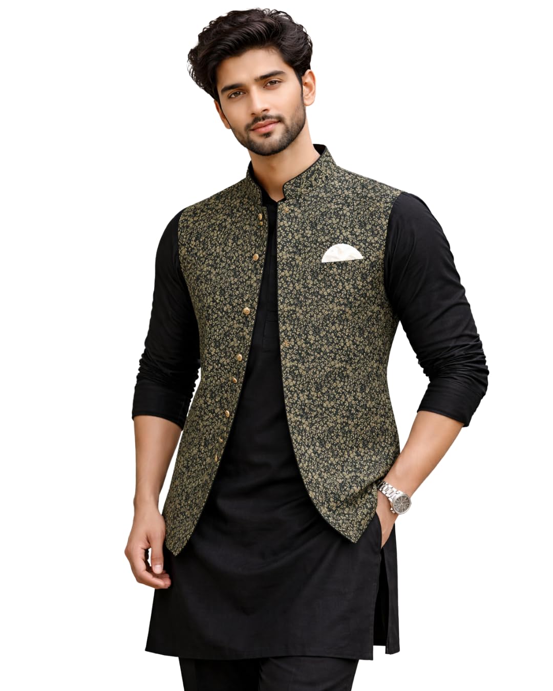 BK&FASHION Men's Embroidered Nehru Jacket, Cotton Blend, Mandarin Collar, Regular Fit, Standard Length, 39 Inches Chest