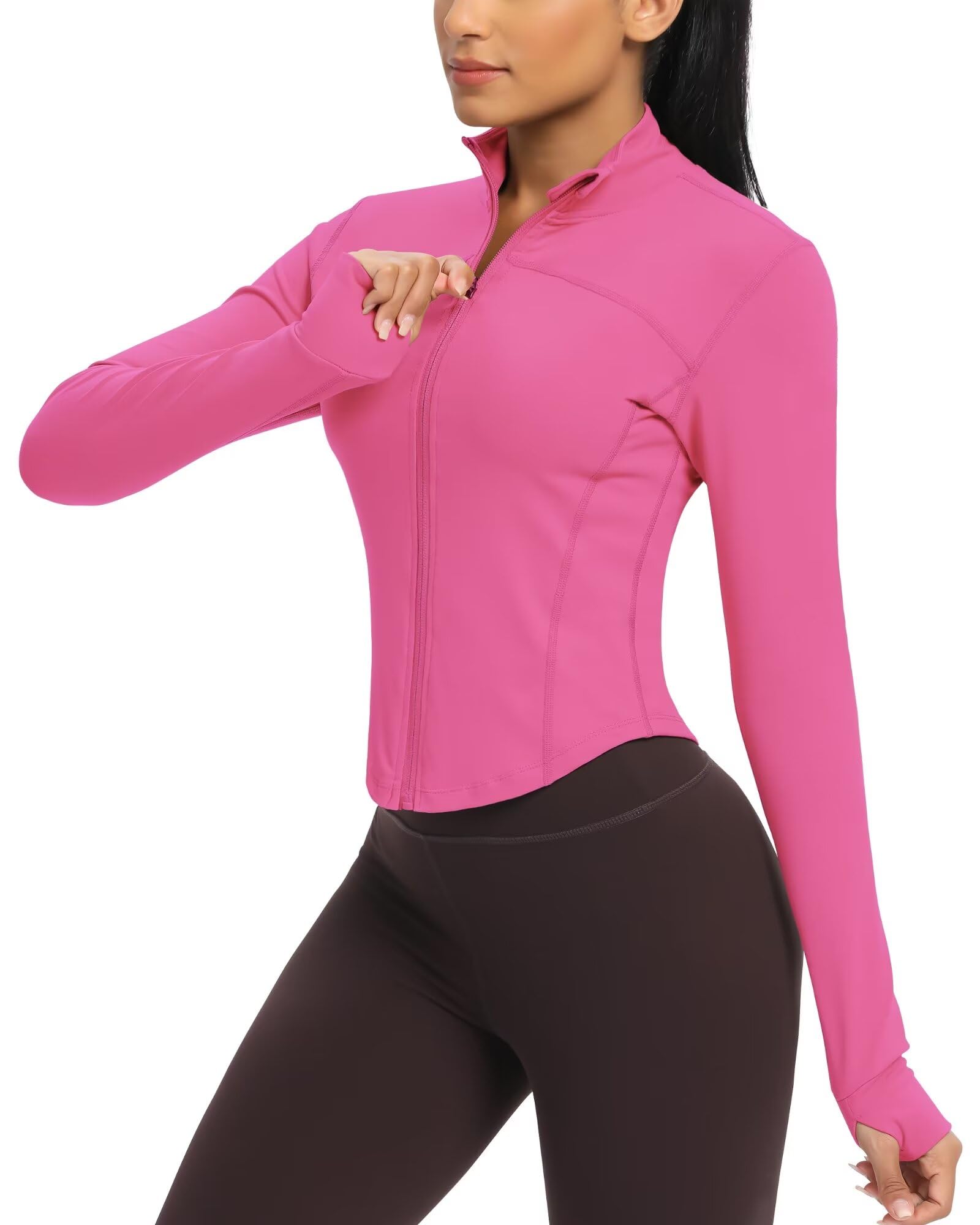 QUEENIEKERunning Jacket, Women's Tight Sports Top, Long Sleeve, Breathable High Collar Sports Jacket with Zip for Yoga, Gym, Thumb, Hole