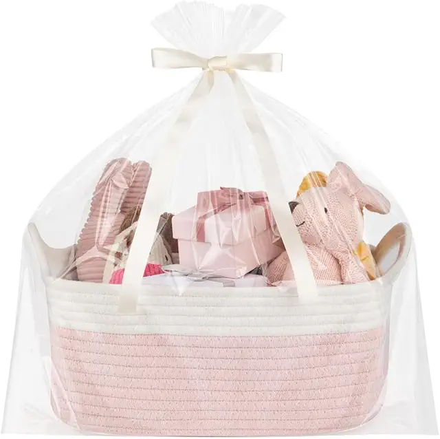 Large Pink Cotton Rope Easter Gift Basket with Handles for Storage & Gifting