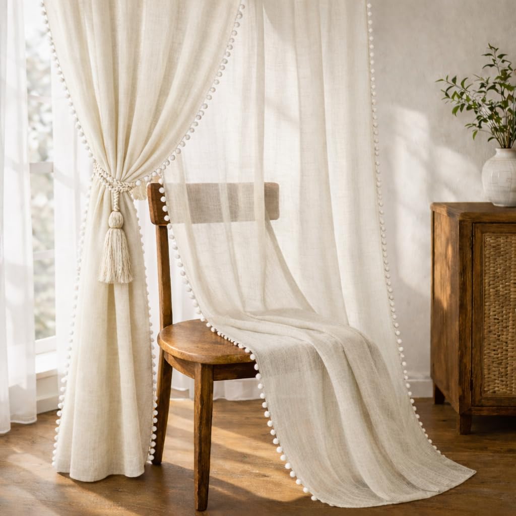 THE LINEN COMPANY Window Curtains Sheer Cotton Curtains with Pom Pom Lace Rod Pocket Light Filtering Transparent Net Curtains for Window Curtains Door Curtains Living Room Natural 4 Ft Pack of 2