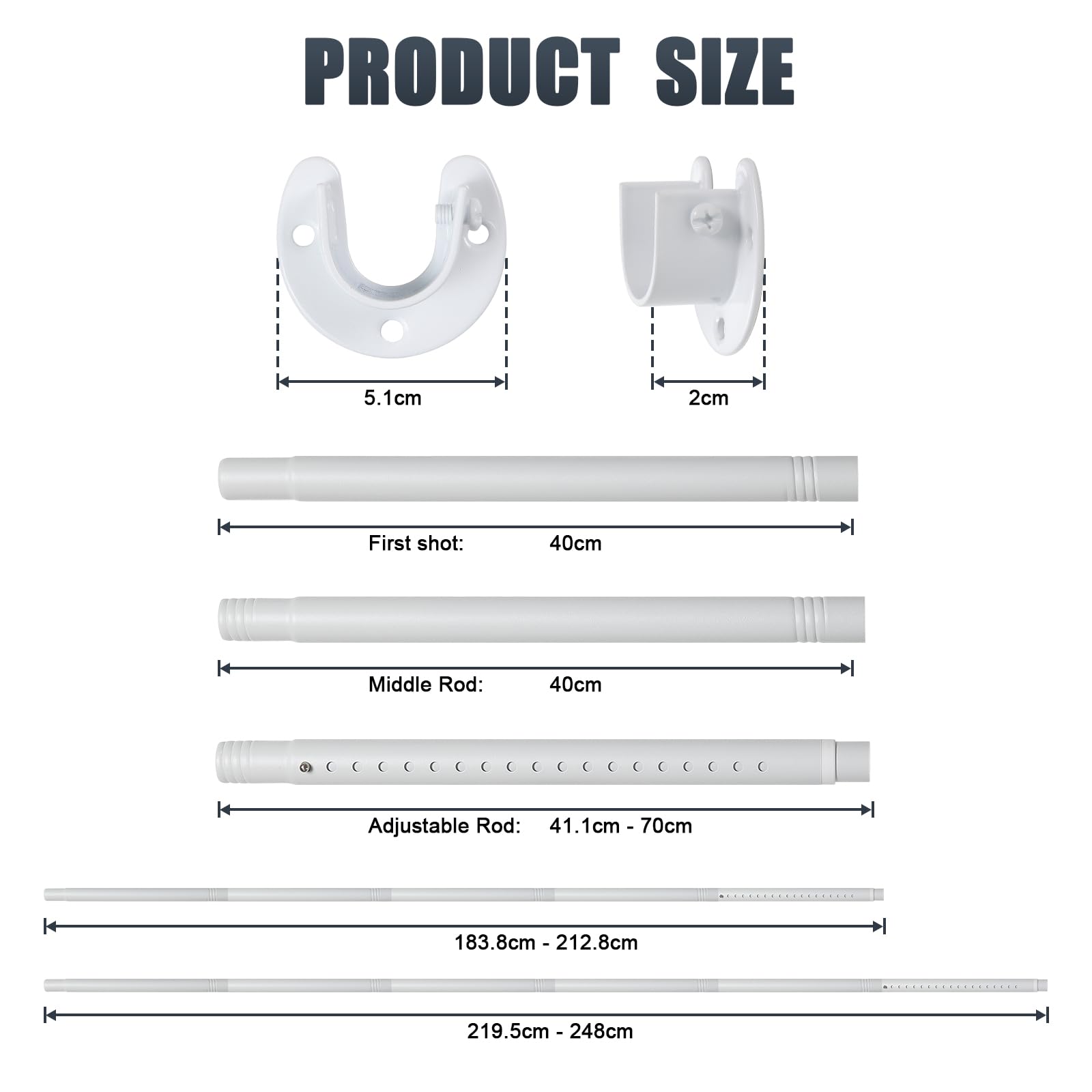 Asta per armadio regolabile 40-212 cm, asta appendiabiti estensibile per vestiti, asta resistente per armadio, bianco