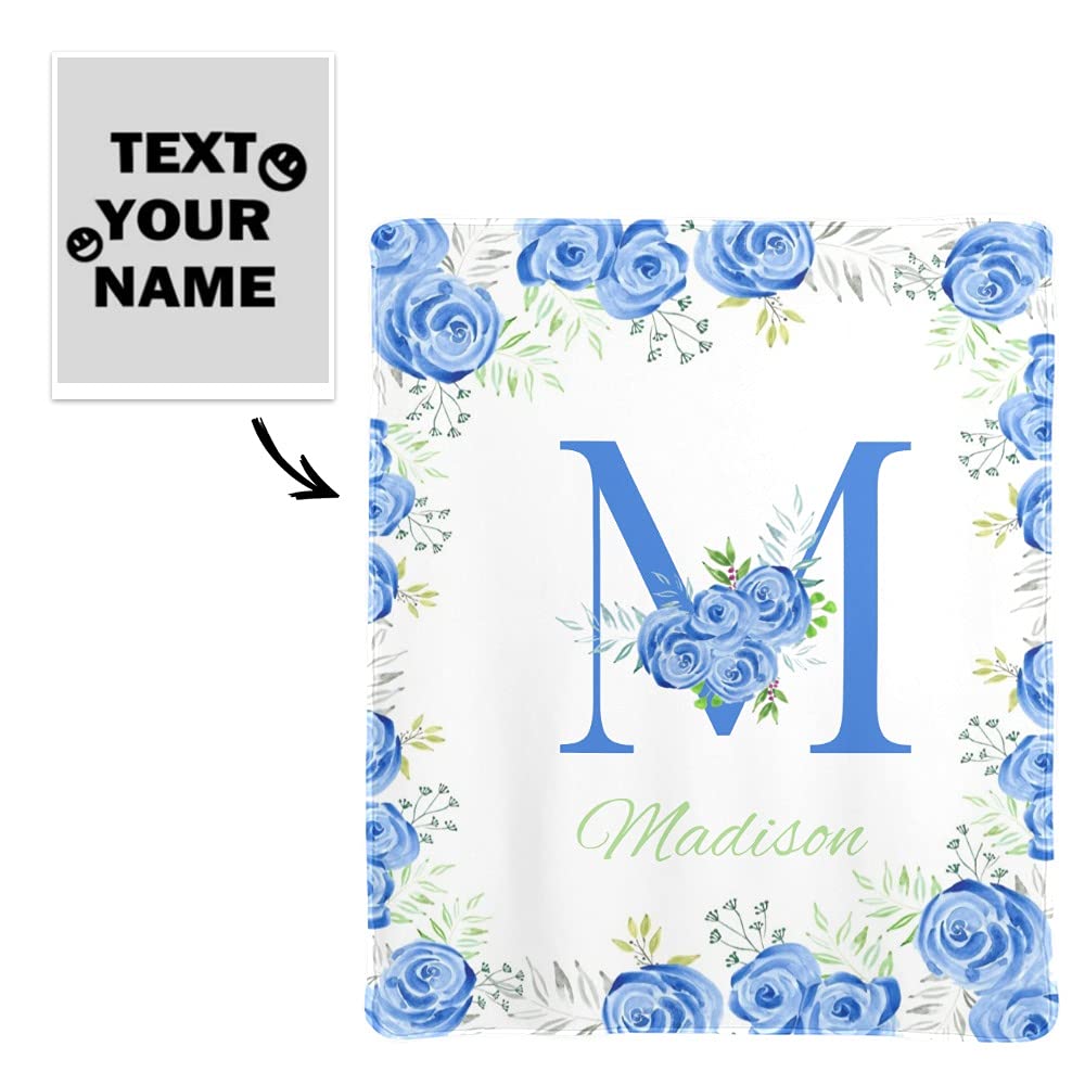 Yeshop Personalized Baby Blanket Blue Watercolor Rose Monogram Custom Blankets 50x60 Inches for Couch Bed, Fleece Blanket with Your Name Birthday for Boy Girl Teen