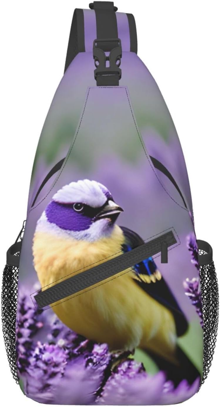 Bird in Purple Lavender Floral Flowers Print Stylish Sling Backpack, Sling Bag,Chest Bag Daypack, for Hiking, Travel, and Business