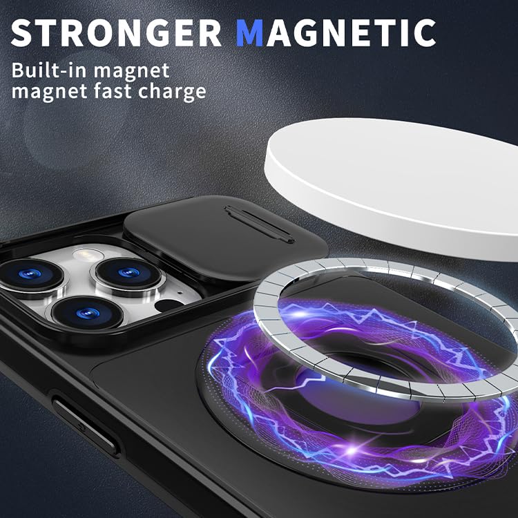 Image of LuxuryKase MagSafe Shockproof Rugged Back Case for iPhone 15 Pro Max | Finger Ring Kickstand & Sliding Camera Cover | Military Drop Protection | Wireless Charging Support - Black
