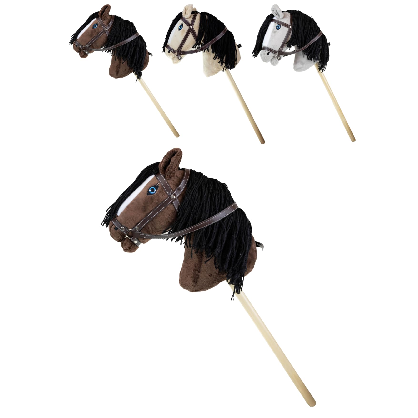 RL24 - Hobby Horse – Steckenpferd mit Trense – Spielpferd aus Plüsch mit Holzstock & Langer Mähne – Stockpferd ohne Griffe & Rollen – Hobby Horse Pferde – Braun