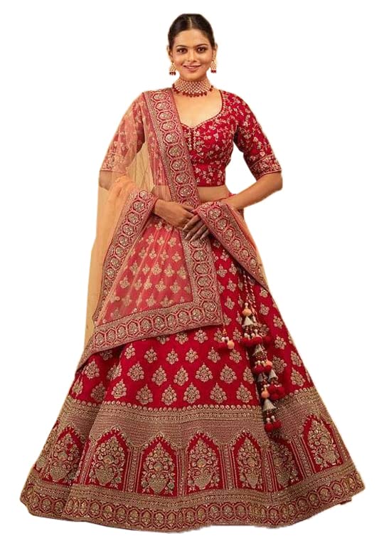 Image of Women's Satin Embroidered Semi Stitched Lehenga Choli With Net Duptta (1 Lehenga, 1 Choli, 1 Dupatta)