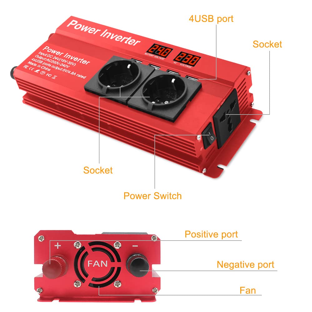 LVYUAN Wechselrichter 24V 230V 2000W Spannungswandler mit 3 Steckdose und 4 USB LED Spannungsanzeige