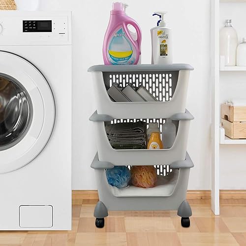 Miniatura 5 de Asking Cesta de almacenamiento apilable de cocina de plástico gris, cesta organizadora apilable de 3 niveles con ruedas
