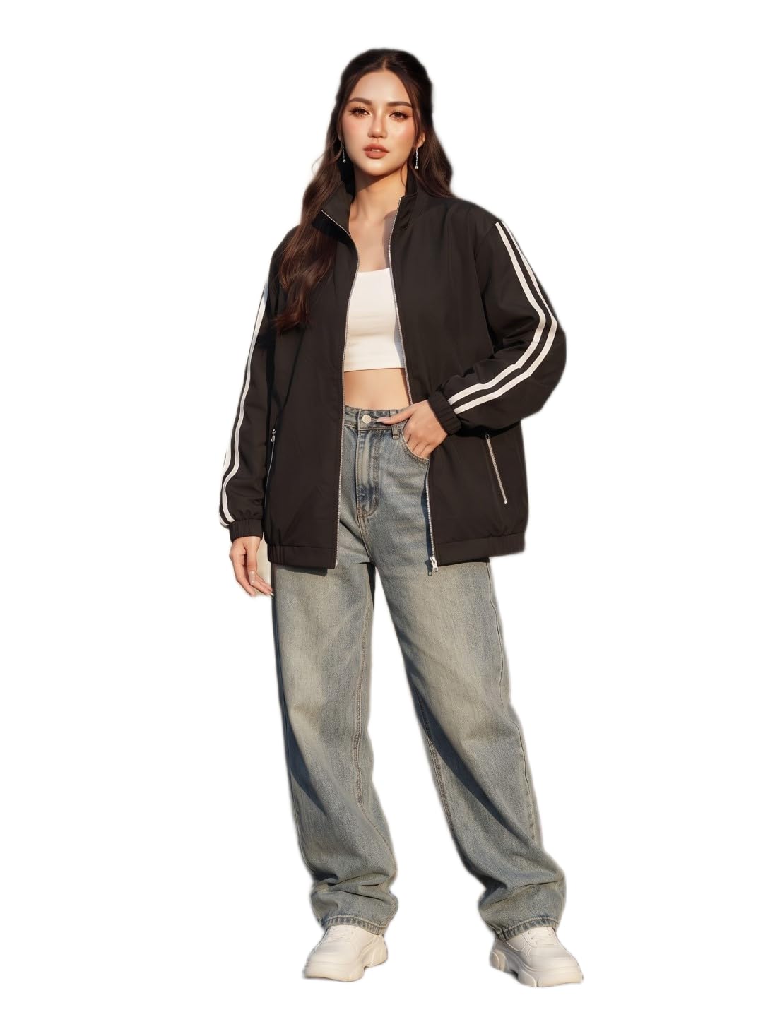 Women's Varsity Style Windbreaker Jacket – Full Zip, Contrast Stripe Sleeves, Ribbed Trim, Oversized Fit-picture-34