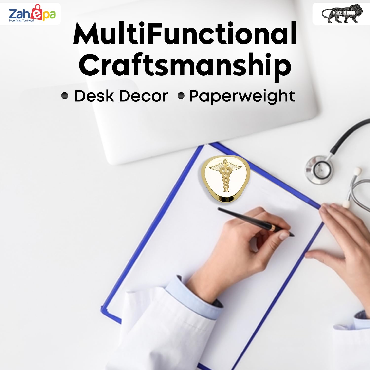 ZAHEPA Caduceus Metal Paperweight for Doctor Desk, Medical Paper Holder for Hospital Office Table, Gold Desktop Decor Accessory, Stylish Professional Gift for Doctors, Medical Professionals & Men 4