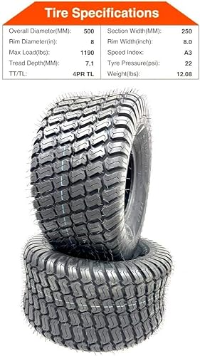Miniatura 7 de (2) Dos neumáticos de césped resistentes de 20 x 10.00-8 de 4 capas, tractor de cortacésped de 20 x 10-8 Nhs, sin cámara, ideal para cortar y usar
