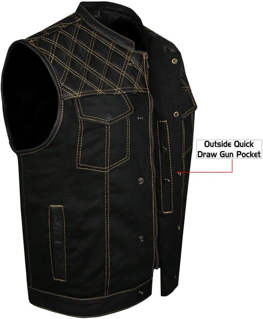 GARGOYLE BELLS Men's Denim & Leather Motorcycle Vest with Gun Pockets SOA Biker Club Vest with Diamond Padding For Riding - Image 5
