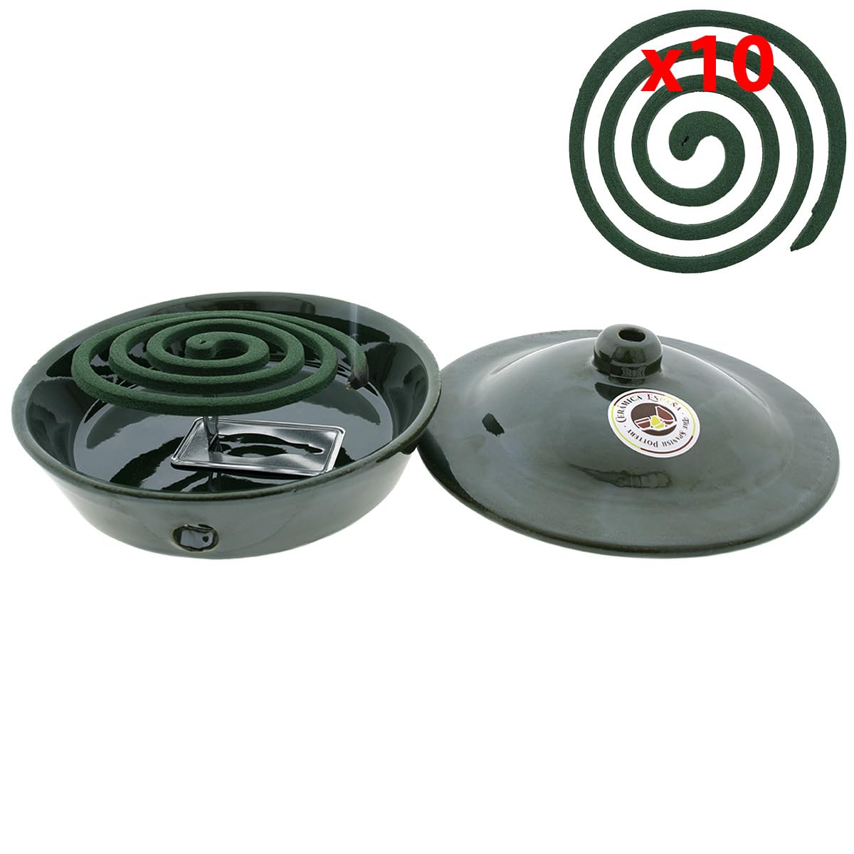 CERÁMICA ESPAÑA | Bruciatore d'incenso | Citronella | Repellente zanzare naturale | Bruciatore repellente zanzare - Modello J06 | 16 x 16 x 7 cm | 10 spirali citronella incluse