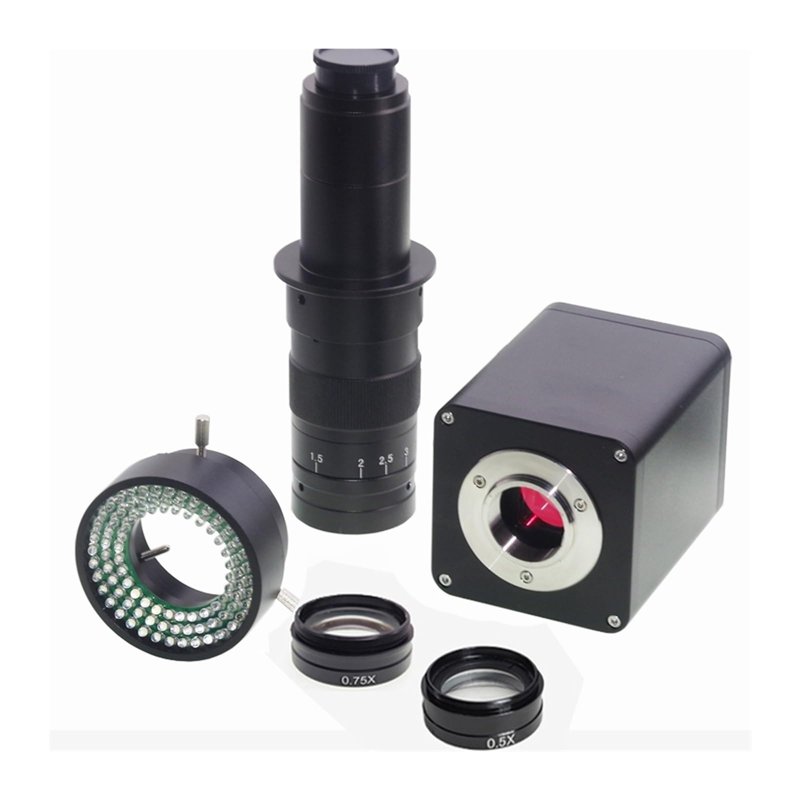 Microscope Lens, 1080P 60FPS IMX385 V2 WDR Industry C-Mount Camera Microscope 180X 0.75X 0.5X Aux Lens 96 LED Ring Light