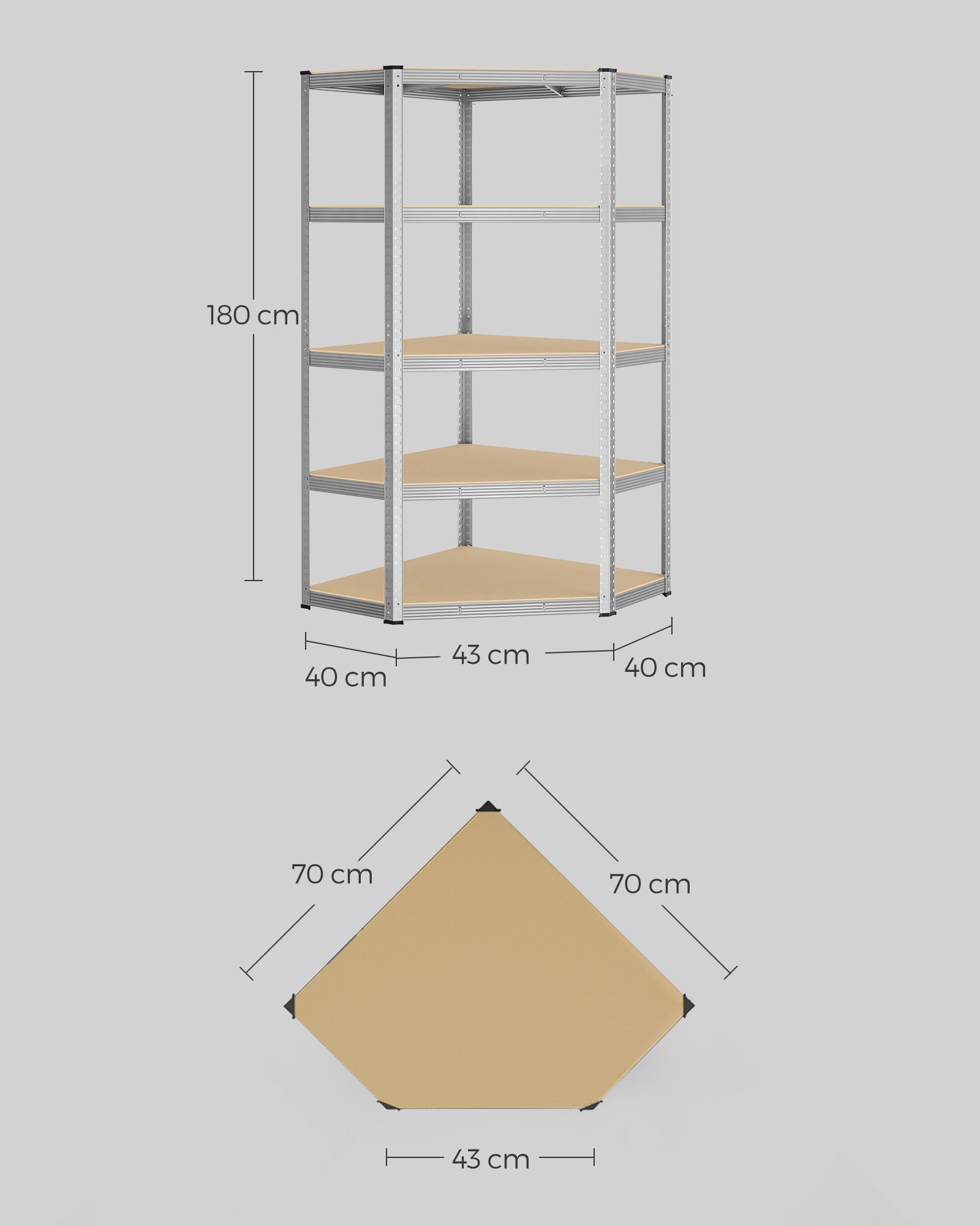 SONGMICS Eckregal 5 Ebenen, Schwerlastregal, Metall, Lagerregal für Garage, Abstellraum, Kellerregal, 1er Set（180 x 70 x 40 x 43 cm bis 875 kg belastbar, silbern-naturbeige GLR080E01