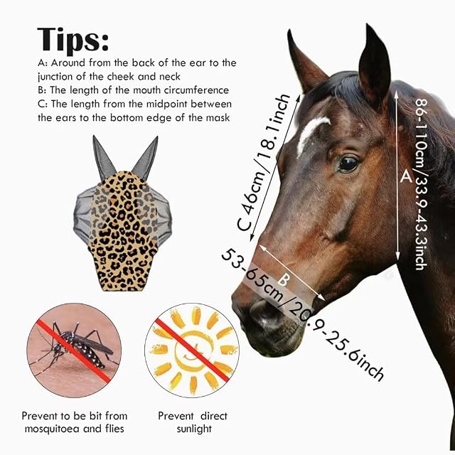 Foto 6 de 7 de SDFWGG Máscara Antimoscas para Caballos Estampado Leopardo de Mosca Caballo con Orejeras de Caballo Orejeras…