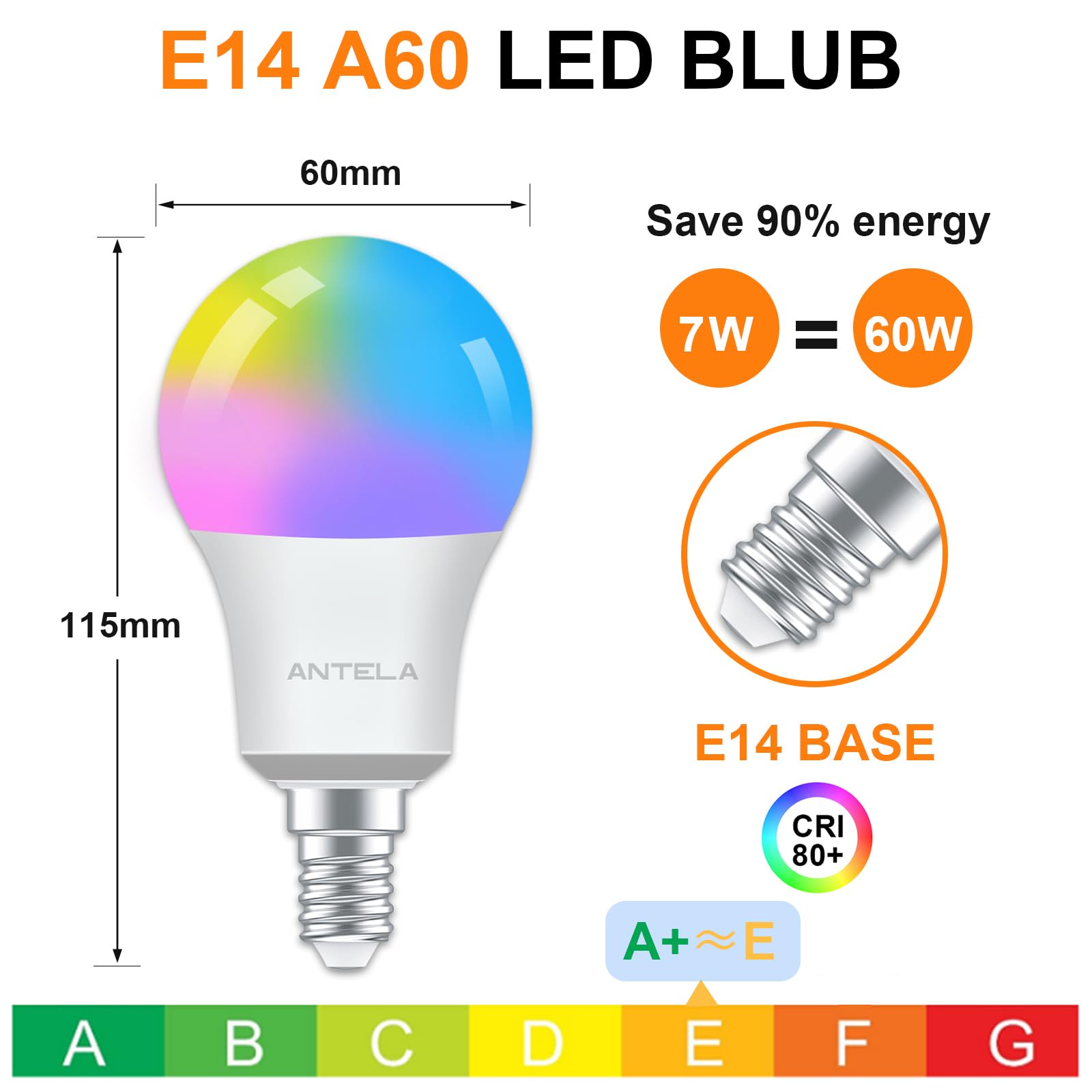ANTELA Bombilla LED Inteligente WiFi E14 806lm, 16 Millones de Colores, Luz Fría Cálida 2700 a 6500K, Compatible Alexa y Google Home, Vida Útil 15000 Horas, 2pcs