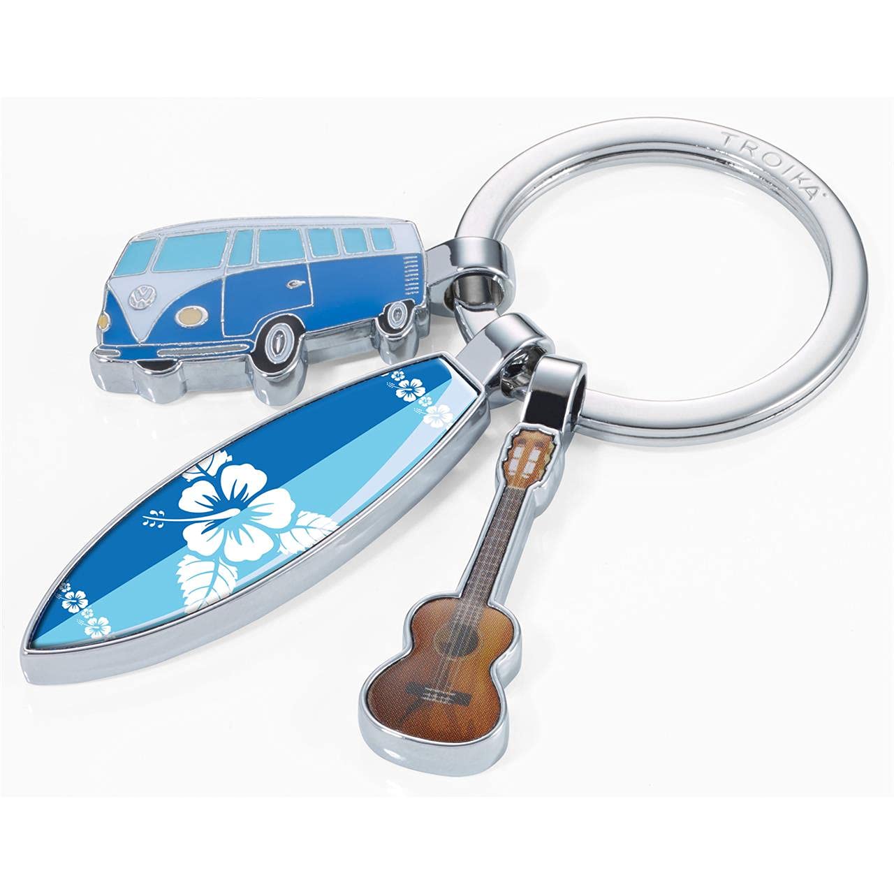 SURFMATE T1 Keyring with 3 Charms – VW T1 Camper Van, Surfboard & Guitar, Chrome-Plated Metal & Enamel Keychain – KR16-14/CH-image-1