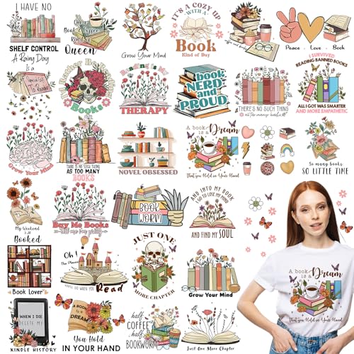 Yuntau 30 Stück Buchliebhaber-Aufnäher zum Aufbügeln auf Vinyl-Aufkleber für Blumen, DTF, Wärmetransfer-Vinyl-Aufkleber, DIY-Applikationen für Kleidung, T-Shirts, Kissen, Hüte (Buchliebhaber)