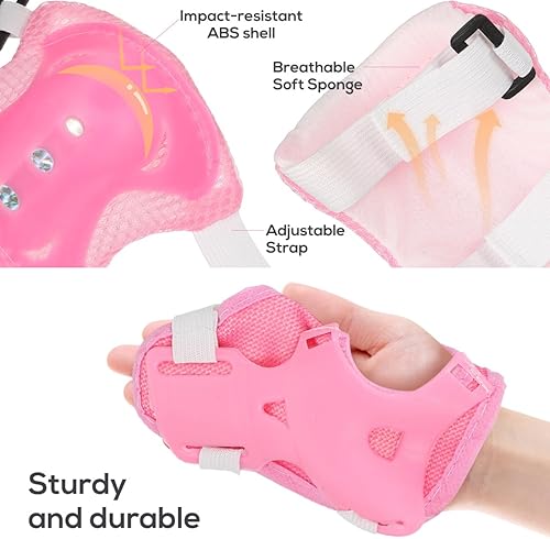 Miniatura 2 de Totority Casco para niños, rodilleras, coderas, 7 piezas, casco de patinaje, rodillera, muñequera, coderas, protectores de codo, color rosa