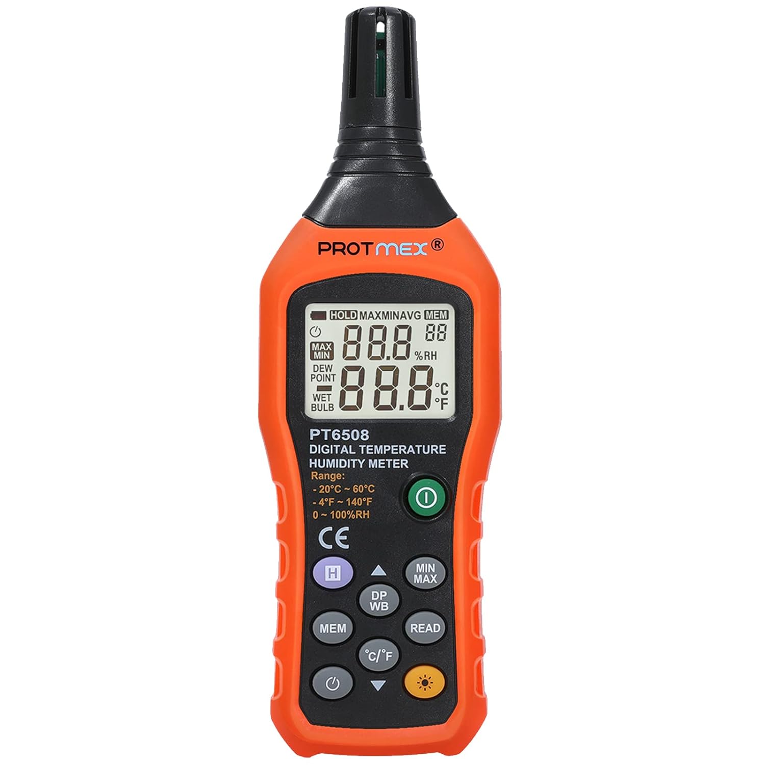 PT6508 Temperature Humidity Meter, Digital Thermometer Hygrometer Monitor with Ambient, Dew Point, Wet Bulb for Indoor/Outdoor MIN, MAX, Data Hold, LCD Backlight