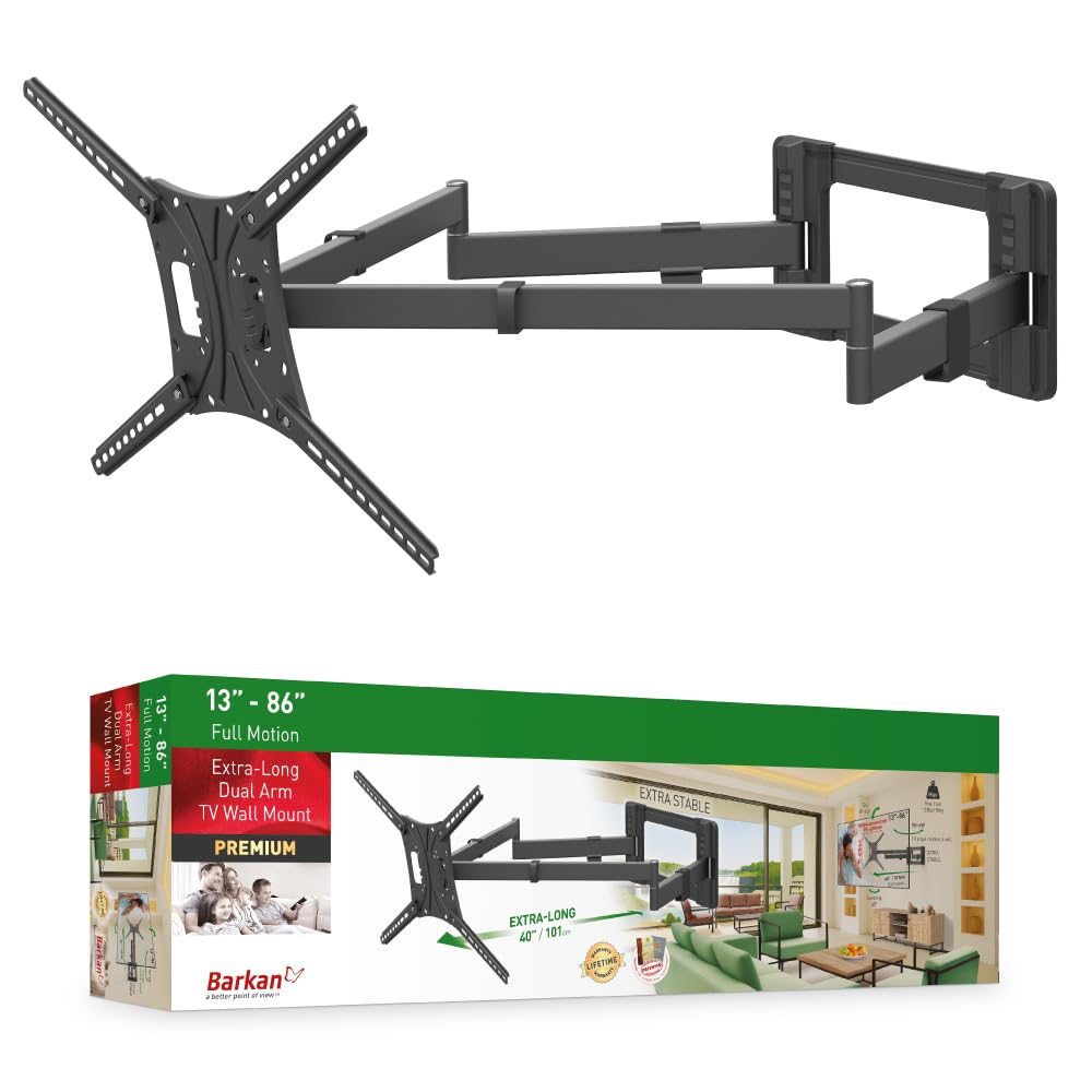 Barkan Longueur 101cm Support TV Mural pour écrans 13-80 Pouces, Double Bras, Inclinable et orientable, Poids Max. 50Kg, Extrêmement Stable, pour LED OLED LCD, jusqu'à VESA 600x400